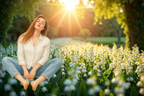 Femme assise dans l’herbe, dos au soleil printanier qui brille derrière elle, profitant d’un moment de détente
