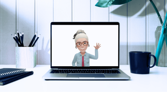 Ordinateur sur un bureau montrant une séance de sophrologie à distance avec une sophrologue.