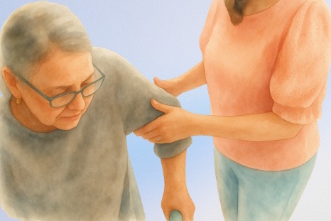 Aidant accompagnant une personne âgée avec bienveillance dans un geste de soutien au quotidien