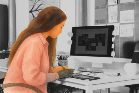 Personne assise, semblant fatiguée, entourée de pensées et tâches invisibles représentant la charge mentale liée à la douleur chronique.