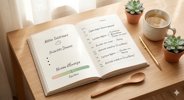 Illustration d'un carnet de planification hebdomadaire douce et organisée pour la gestion de l'énergie. Sophrologie à distance fibromyalgie et fatigue chronique.