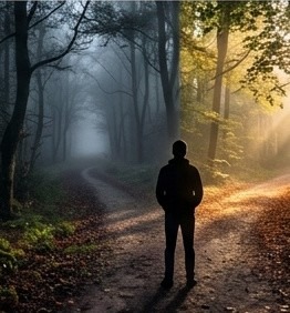 Silhouette d'une personne à la croisée de deux chemins, l'un sombre et l'autre baigné de lumière en forêt. Une aura d'énergie l'entoure, fluctuant selon le chemin qu'elle envisage. Gérer cette énergie devient le véritable défi, bien avant de faire son choix.