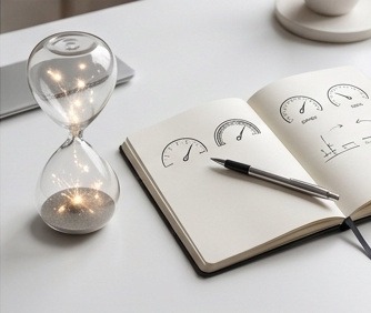 Sablier étincelant et carnet de notes avec jauges d’énergie, symbolisant la gestion consciente de l’énergie au quotidien.