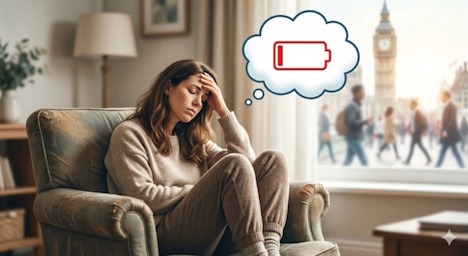 Illustration métaphorique d'une femme épuisée (batterie vide) par la douleur chronique. Sophrologie à distance fibromyalgie.