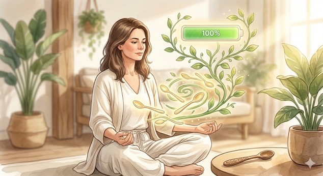 Illustration d'une femme gérant son énergie (jauge 60%) avec des cuillères dorées. Sophrologie à distance fibromyalgie et fatigue.