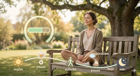 Illustration métaphorique d'une femme gérant son énergie (jauge 60%) avec des cuillères dorées. Sophrologie à distance fibromyalgie et fatigue.