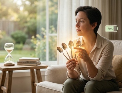 Illustration métaphorique de la gestion de l'énergie : une personne tient des cuillères lumineuses symbolisant ses ressources, avec une icône de batterie à 70% et un sablier lumineux en arrière-plan.