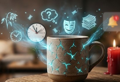 Une tasse fissurée sur une table en bois avec de la lumière cyan et des icônes flottantes (masque de sourire forcé, fleur fanée, pile de dossiers, sablier brisé) symbolisant les fuites d'énergie invisibles.