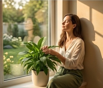 Femme sereine assise près d'une fenêtre ensoleillée touchant une plante verte, illustrant la gestion de l'énergie par le calme et la nature.