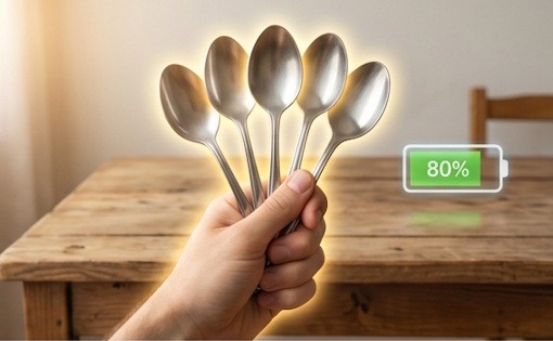 Main tenant cinq cuillères en argent lumineuses, illustrant la gestion de l'énergie selon la théorie des cuillères, avec une jauge d'énergie affichant 80 %.