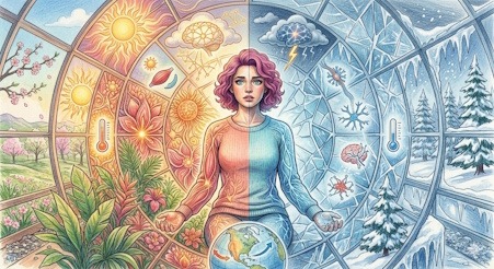 Climat intérieur, mondes opposés llustration d’une femme au centre d’une serre symbolisant des variations de température, partagée entre un côté chaud et végétal et un côté froid et hivernal.