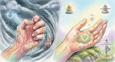 De la vigilance à l'apaisement apprivoiser ses sensations corporelles Un dessin thérapeutique en deux panneaux contrastés illustrant la réaction d'un corps sensible aux variations de température : à gauche, une main crispée par le froid et une météo tempétueuse symbolise l'insécurité physique ; à droite, une main ouverte accueillant des fleurs et un cœur symbolise le retour à la stabilité intérieure et à la douceur.