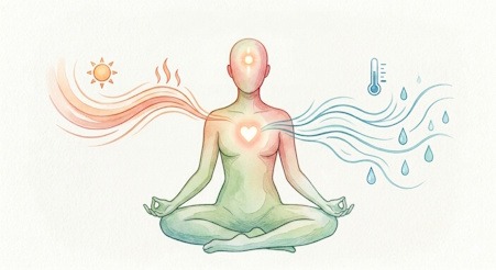 Équilibre intérieur des températures Illustration d’une personne en méditation entourée de flux opposés symbolisant des variations de température, avec chaleur solaire à gauche et fraîcheur humide à droite.
