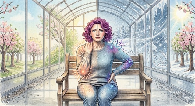 Illustration d’une femme assise sur un banc dans une serre, exposée à des variations de température entre un côté printanier fleuri et un côté hivernal enneigé.