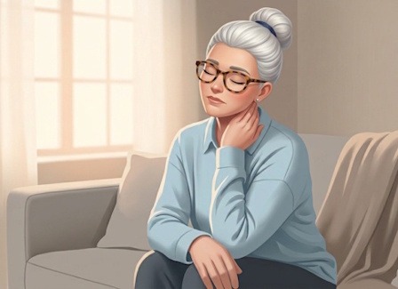 Femme avec lunettes et chignon blanc, représentée comme un avatar, assise avec lassitude sur un canapé et massant son cou douloureux. Illustration des symptômes de la fibromyalgie.