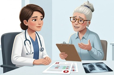 Avatar féminin perplexe tenant un dossier médical face à une pile de résultats d'examens normaux, illustrant la difficulté du diagnostic de la fibromyalgie.