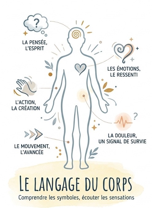 Illustration du langage du corps et de la symbolique du corps humain représentant les émotions, la pensée, l’action, le mouvement et la douleur.