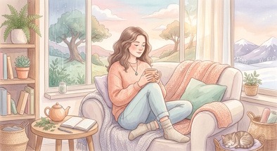 L'écoute de soi face aux éléments llustration de style aquarelle aux tons pastels montrant une femme assise confortablement dans un fauteuil, écoutant ses propres besoins face aux variations de température visibles à travers différentes fenêtres (pluie, soleil, neige).