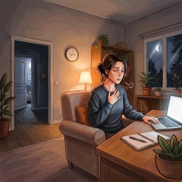Femme épuisée en fin de journée - l'impact de retenir son souffle toute la journée Mère fatiguée assise à son bureau le soir, une main posée sur sa poitrine. Son visage exprime l'épuisement causé par le fait de retenir son souffle toute la journée en raison du stress.