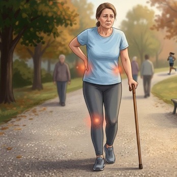 Une femme marchant prudemment dans un parc avec une canne, illustrant le concept de douleur chronique et sport à travers une approche douce et adaptée pour préserver l'autonomie.