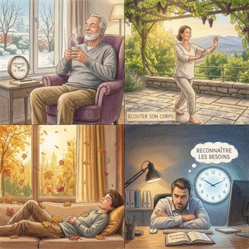 Quatre scènes illustrées montrant des moments de repos quotidiens (thé, activité physique, sieste, écoute de ses besoins) pour maintenir son énergie tout au long de l'année, loin de la simple quête de la durée idéale vacance.