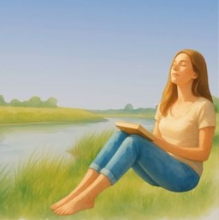 Une femme aux yeux clos, tête reposée sur un poteau d'écorce au bord d'un vaste lac de montagne, incarne la déconnexion et le repos pur durant la durée idéale vacances, un ponton en bois et des lunettes de soleil à ses pieds.