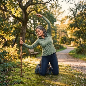 Femme mature pratiquant des étirements doux en forêt avec un bâton de marche, illustrant une approche équilibrée entre douleur chronique et sport.