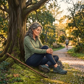 Une femme se repose paisiblement sous un arbre lors d'une randonnée, illustrant l'importance de l'écoute de soi dans la relation entre douleur chronique et sport.