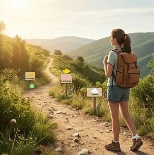 Randonneuse avec son sac à dos, debout sur le sentier et admirant la vue panoramique au coucher du soleil. Elle se trouve devant un chemin, avec un ensemble d'options visuelles représentant la durée idéale des vacances.