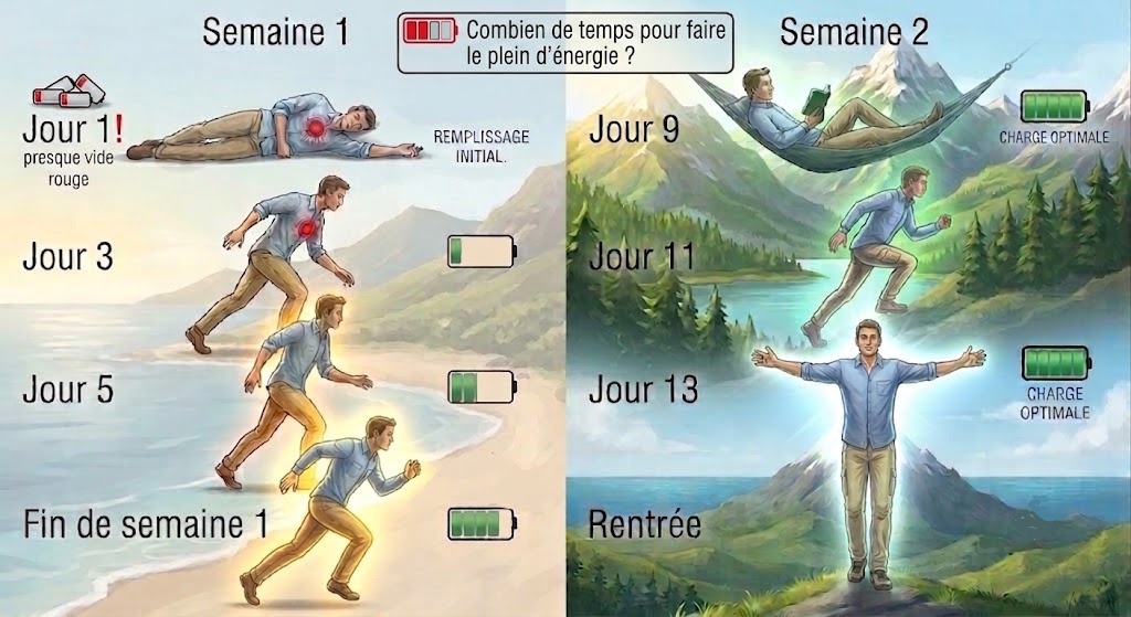 Schéma du processus de récupération sur 14 jours, illustrant pourquoi cette durée est souvent considérée comme la durée idéale de vacances pour passer d'une décompression physique initiale à un ressourcement plus complet du corps et de l'esprit avant la rentrée.