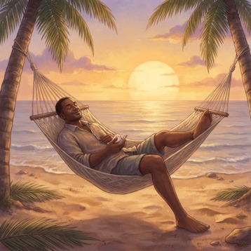 La durée idéale vacances pour une récupération complète Personne se relaxant dans un hamac face à l'océan au coucher du soleil, illustrant la recherche de la durée idéale vacances pour bien récupérer.