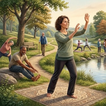 Un groupe de personnes pratique une activité physique douce en extérieur, illustrant comment la recherche moderne encourage le lien entre douleur chronique et sport pour préserver ses capacités.