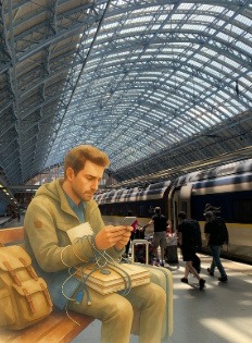 Un voyageur épuisé, assis sur un banc de gare et encombré de câbles et d'un téléphone, illustre la fatigue de retour de congés. La scène souligne que se ressourcer demande plus que la simple durée idéale vacances, impliquant aussi une réelle déconnexion.