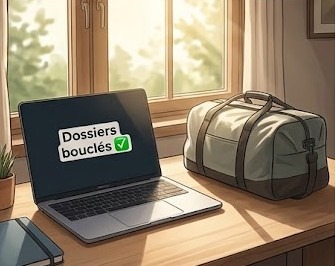 Un ordinateur portable ouvert dont les fragments d'écran s'évaporent en nuages et en confettis vers la lumière d'une fenêtre ouverte sur la nature, suggérant la déconnexion d'un bureau allégé pour se ressourcer durant la durée idéale vacances, un sac de voyage prêt à côté.