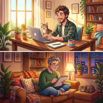 Illustration montrant la différence de chronotype entre un homme actif le matin sur son ordinateur et un autre homme inspiré le soir sur son canapé.