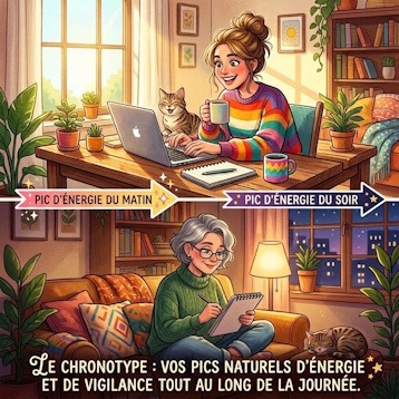 Illustration expliquant le concept de chronotype avec deux scènes : une jeune femme pleine d'énergie le matin devant son ordinateur et une femme mûre créative et sereine le soir dans son salon.