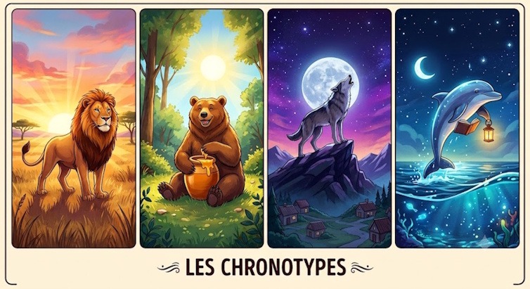Illustration des 4 chronotypes : le Lion au lever du soleil, l'Ours en pleine journée, le Loup hurlant sous la pleine lune et le Dauphin nocturne avec une lanterne.