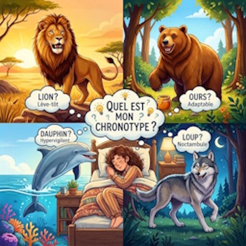 Illustration montrant une personne endormie qui se demande quel est son chronotype parmi le lion, l'ours, le dauphin et le loup.