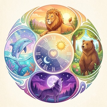 Une illustration en forme de roue colorée représentant les 4 chronotypes : le lion au matin, l'ours en journée, le loup la nuit et le dauphin sous les étoiles, entourant une horloge biologique.