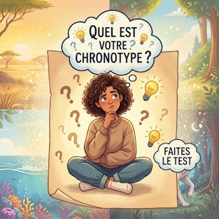 Illustration d'une jeune femme pensive assise en tailleur se posant des questions sur son chronotype devant un grand parchemin.