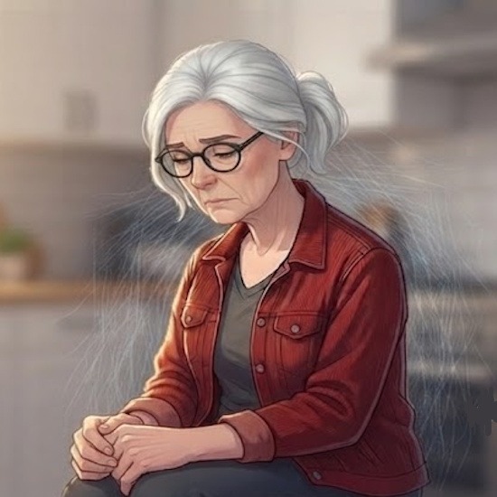 Femme assise à une table, tête posée sur les bras, visage caché, posture fatiguée et abattue, illustrant la fatigue liée à la douleur chronique.