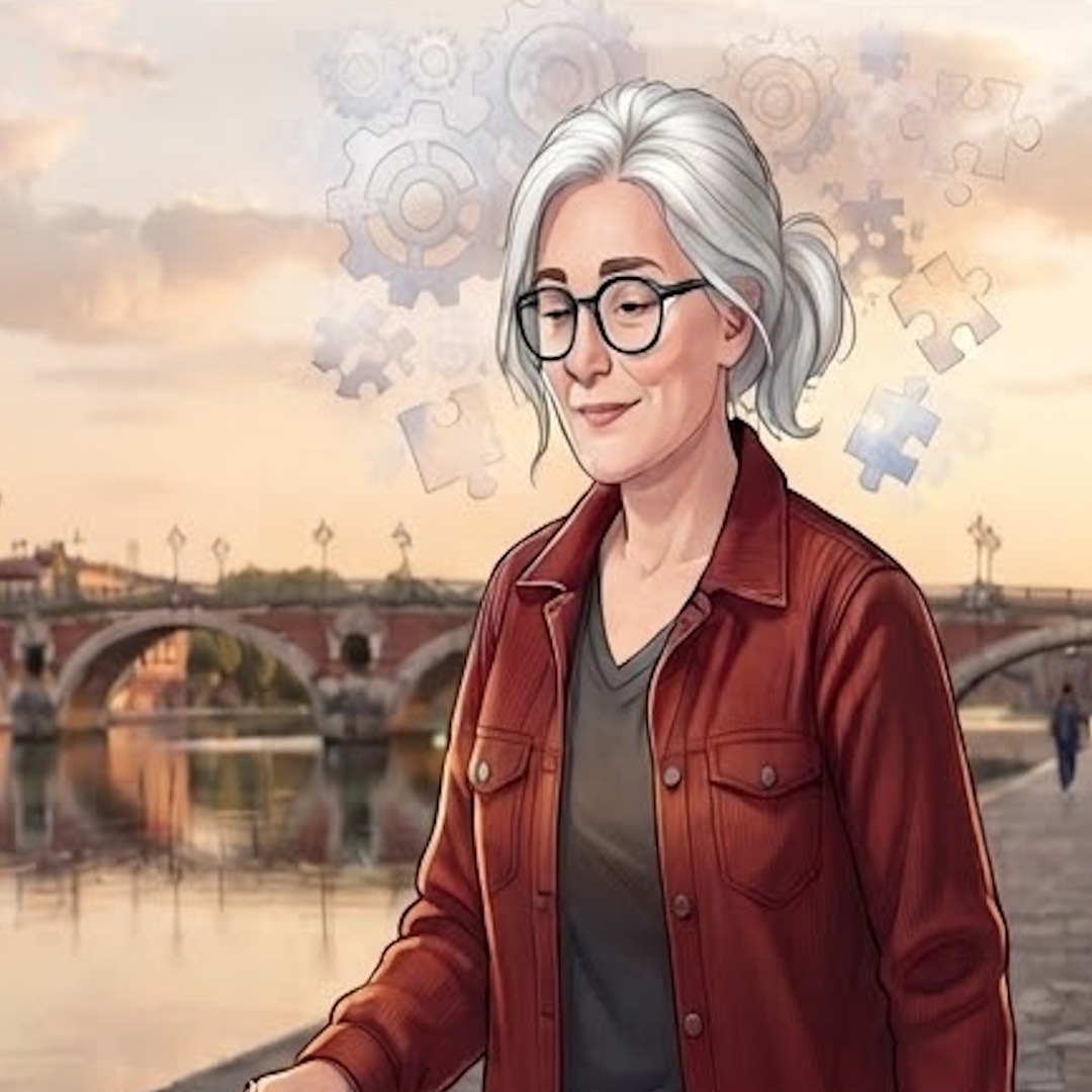 Femme assise, regard fatigué, devant une tasse de café, symbolisant la fatigue et l’épuisement liés à la fibromyalgie