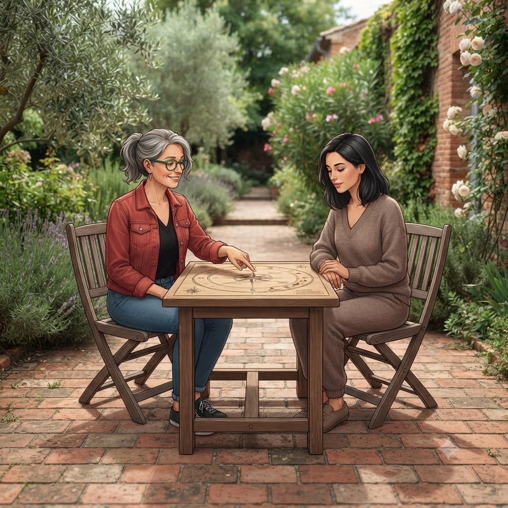 Sophrologue et cliente échangeant autour d’une table d’orientation dans un jardin toulousain.
