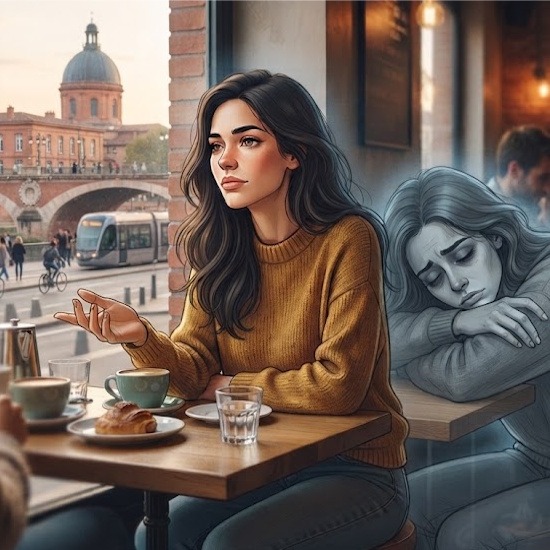 Femme débordée au travail avec des post-it collés sur elle, buvant du café, illustrant un état de fatigue et de surmenage.